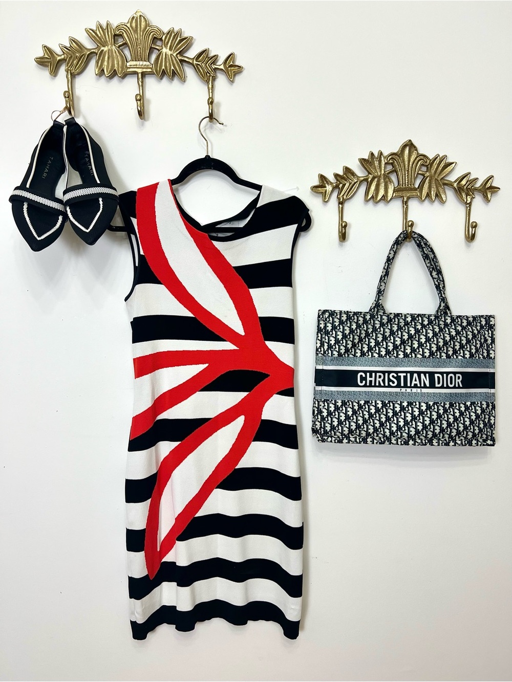 Marc Cain  Striped woven Dress with Red Graphic leaf